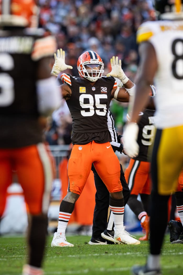 Nov 19, 2023; Cleveland, Ohio, USA; Cleveland Browns defensive end Myles Garrett (95) celebrates during the fourth quarter against the Pittsburgh Steelers at Cleveland Browns Stadium.